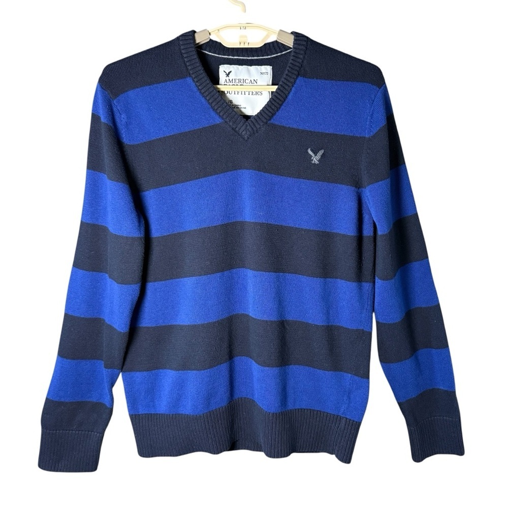 VTG AMERICAN EAGLE V NECK SWEATER MENS LARGE Y2K BLUE BLACK STRIPES V-NECK